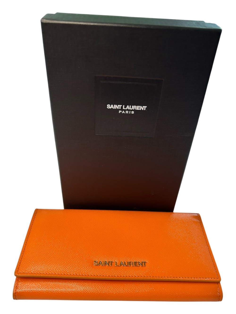 Saint Laurent Paris Bright Orange Grain de Poudre Continental Wallet w/ Box